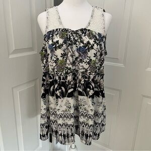Figueroa & Flower Lace V Neck Tie Floral Sheer‎ Sleeveless Blouse Size Large